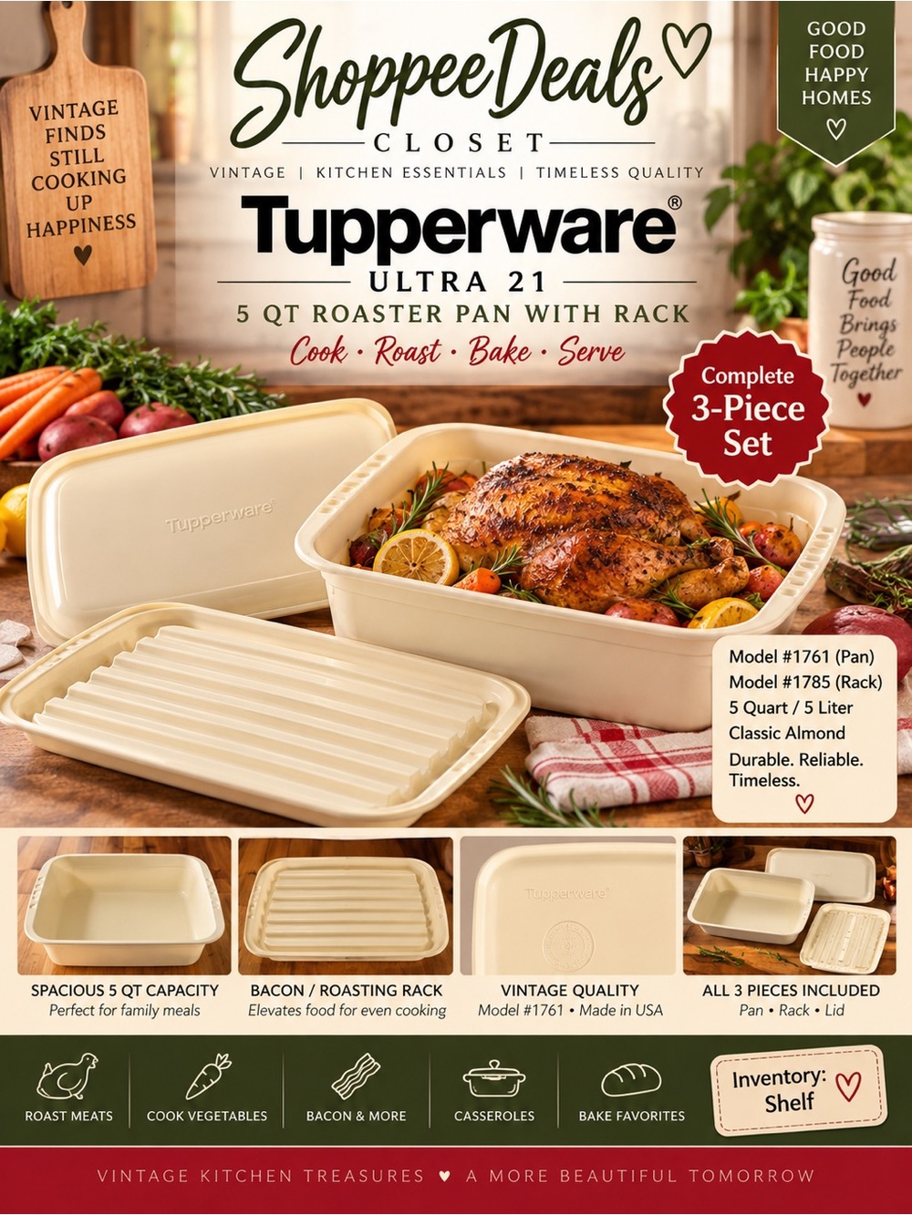Vintage Tupperware Ultra 21 5 Qt Roaster Pan 1761 w/ Rack Insert 1785